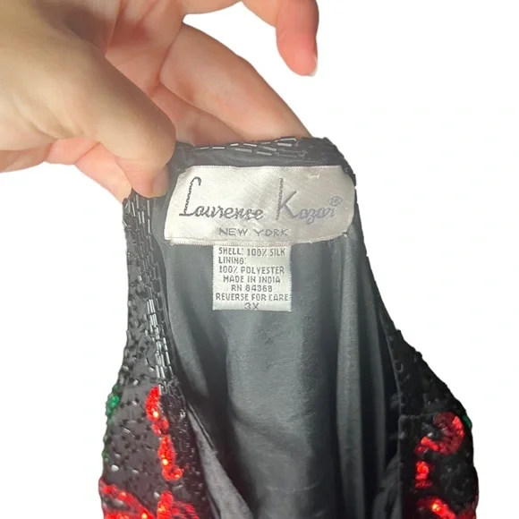 Vintage beaded, sequins Christmas jacket green & red bows silk - Picture 2 of 5